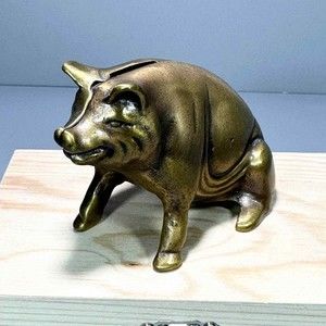 Piggy Bank Antique Still Penny Cast Iron Gold Sitting Pig Hog Swine